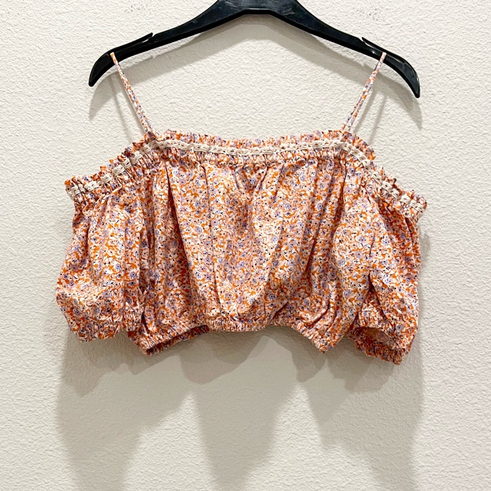 Pre-loved! ZARA Orange Floral Balloon Sleeve Off Shoulder Crop Top!
